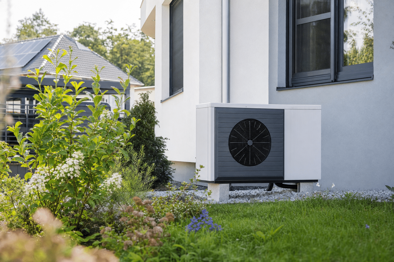 Außeneinheit einer modernen Wärmepumpe neben einem Einfamilienhaus im Garten bei Tageslicht