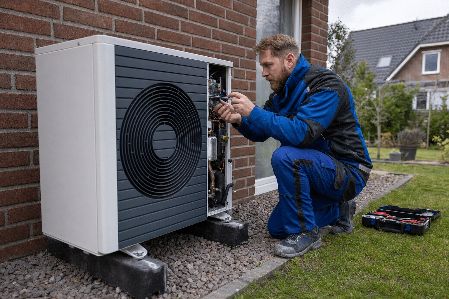 Installateur montiert eine moderne Wärmepumpe im Garten eines Einfamilienhauses