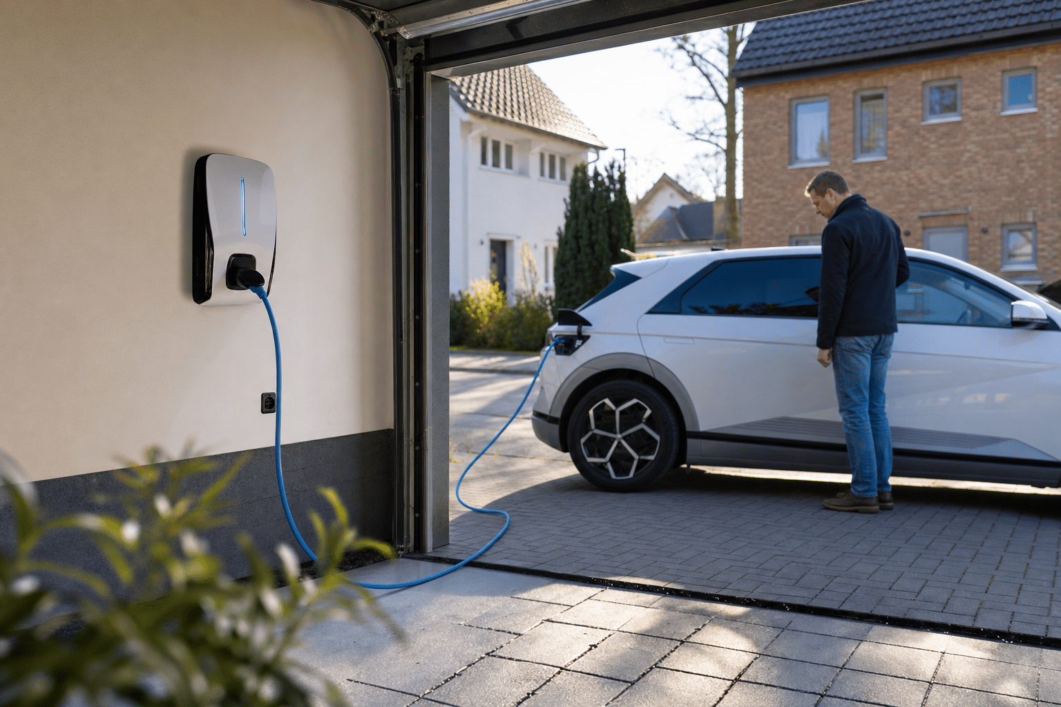 Elektroauto lädt an einer modernen Wallbox in einer privaten Garage