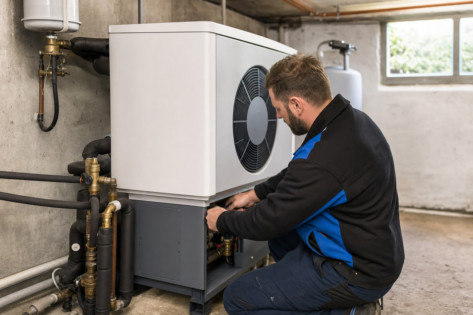 Handwerker installiert moderne Wärmepumpe im Keller eines Einfamilienhauses