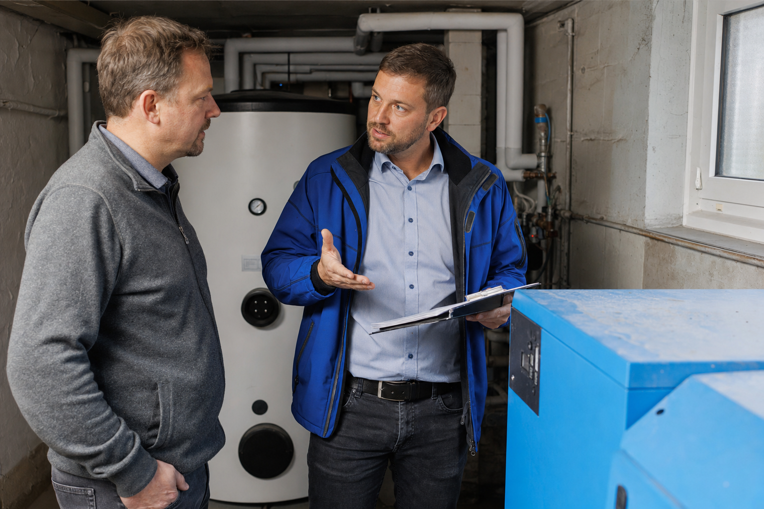 Hausbesitzer bespricht mit Energieberater den Austausch einer alten Heizung im Keller