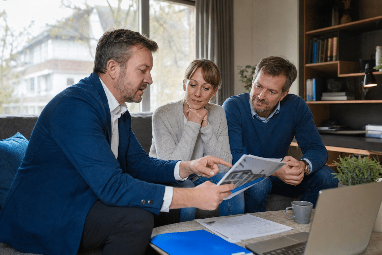 Energieberater erklärt Hausbesitzern den Sanierungsfahrplan im Wohnzimmer