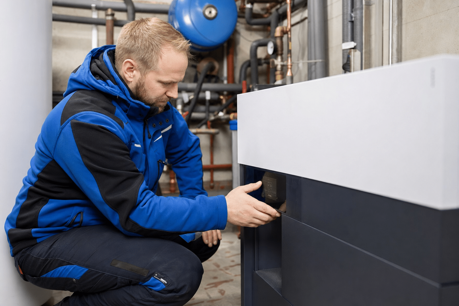 Techniker prüft Wärmepumpenanlage im Heizungskeller eines modernisierten Hauses