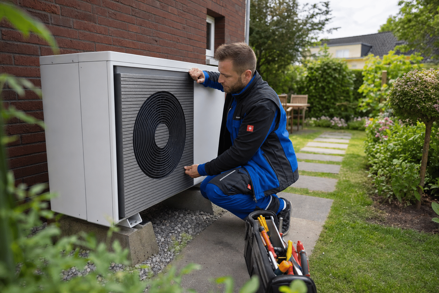 Techniker überprüft Außeneinheit einer Wärmepumpe im Garten eines Einfamilienhauses