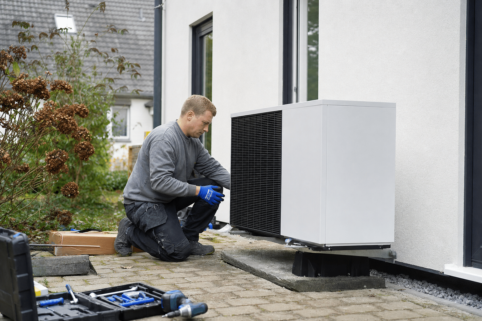 Installateur montiert Außeneinheit einer Wärmepumpe neben einem Einfamilienhaus