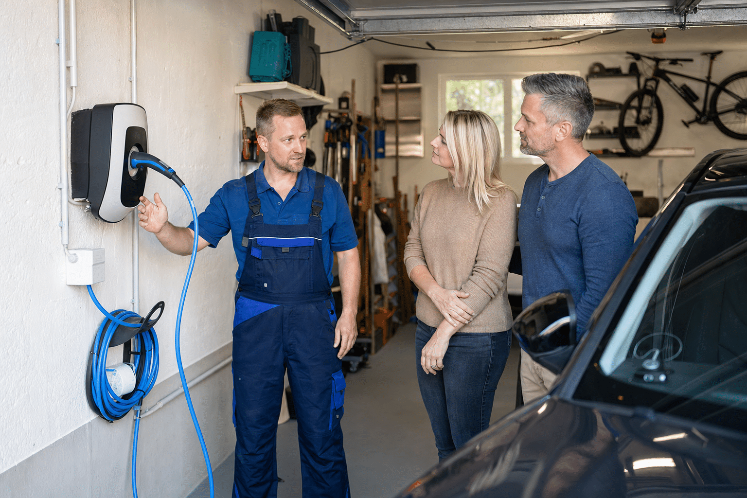 Elektriker erklärt einer Familie die Bedienung einer installierten Wallbox in der Garage