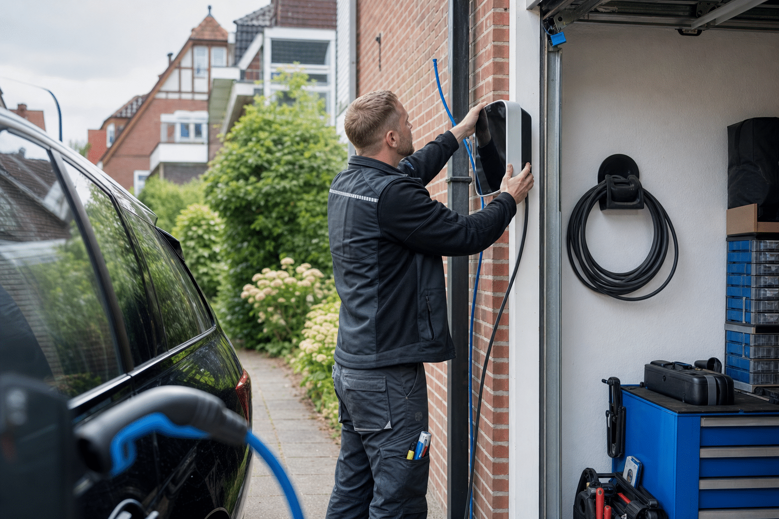 Installateur montiert eine Wallbox in einer privaten Garage neben einem Elektroauto