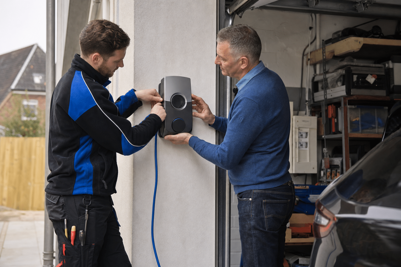 Hausbesitzer installiert gemeinsam mit Elektriker eine Wallbox in der Garage eines Einfamilienhauses