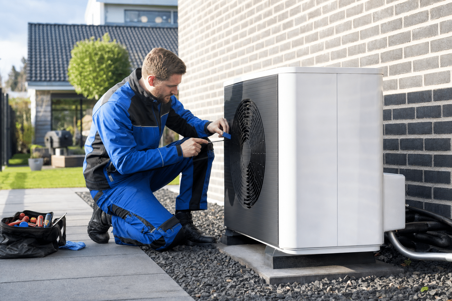 Techniker installiert eine luft wasser wärmepumpe im Garten eines modernen Hauses