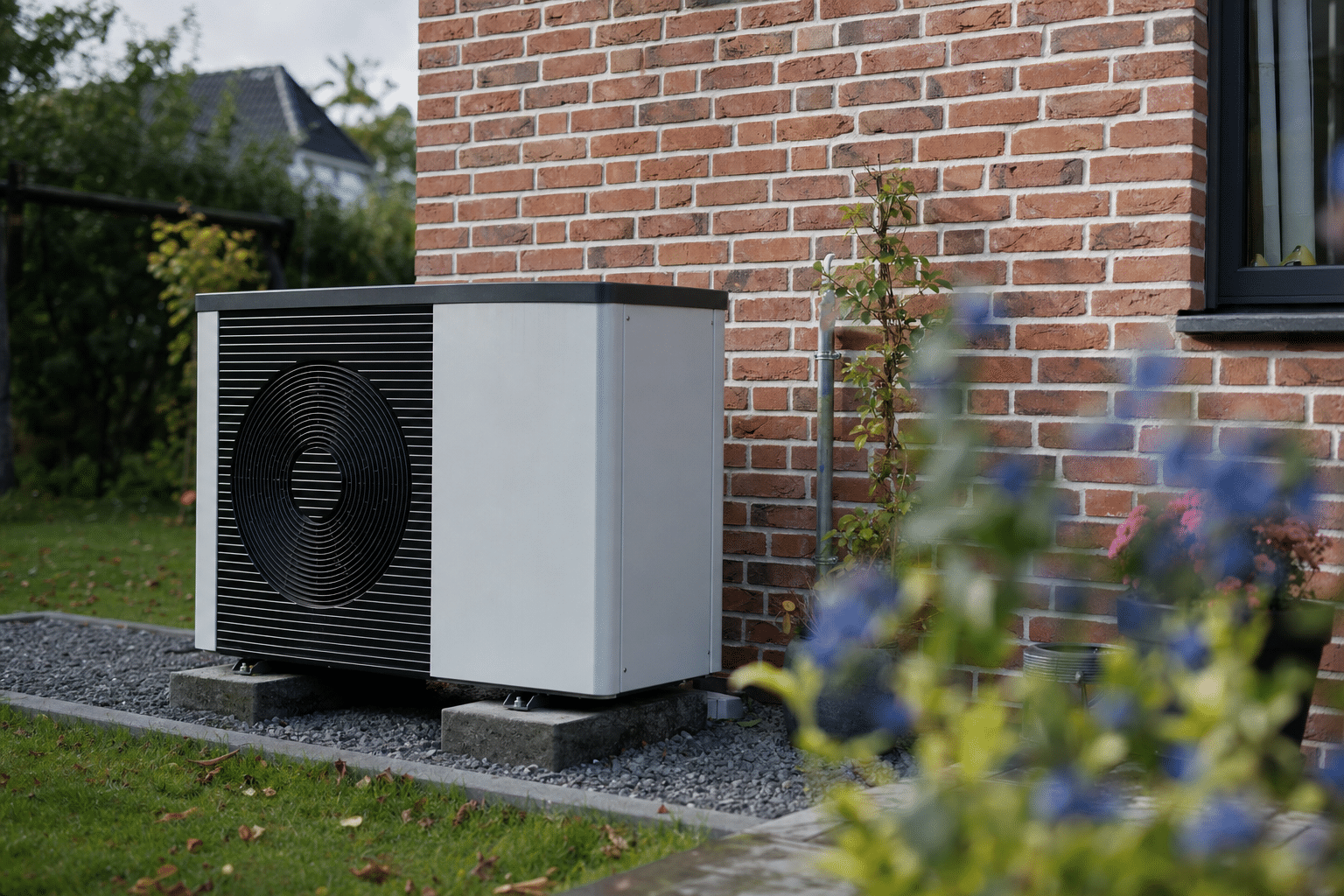Außengerät einer luft wasser wärmepumpe neben einem Einfamilienhaus im Garten