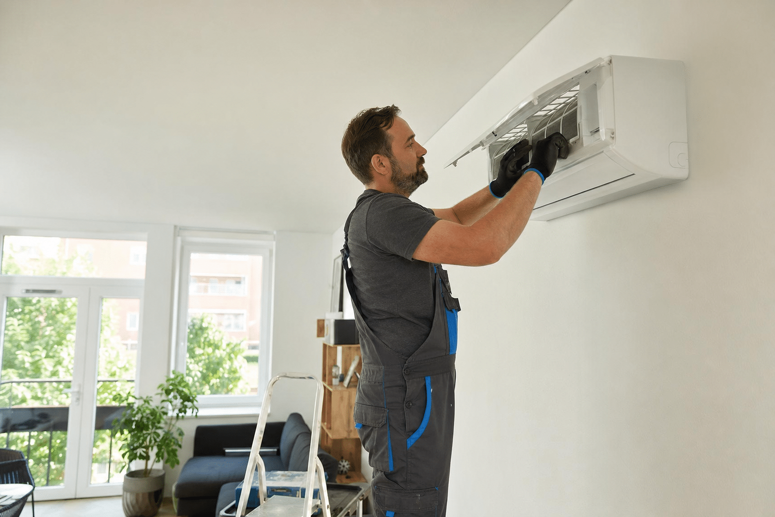 Techniker montiert ein Klimagerät an der Wand eines hellen Wohnzimmers