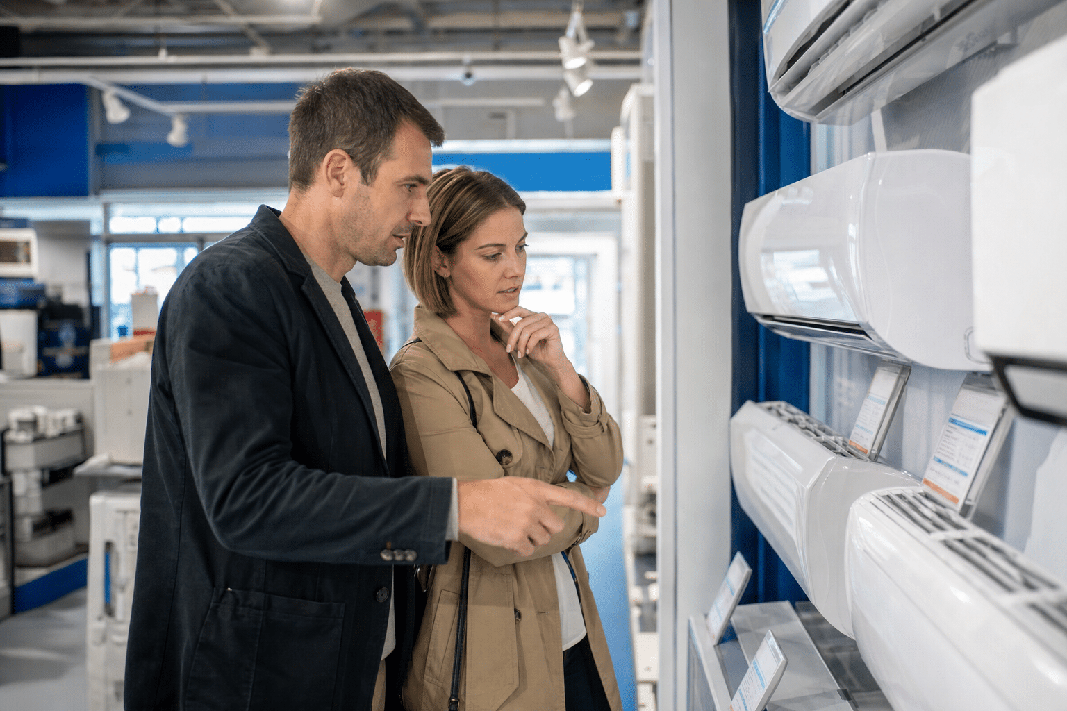 Paar vergleicht Klimageräte und Preisschilder in einem Elektrofachmarkt