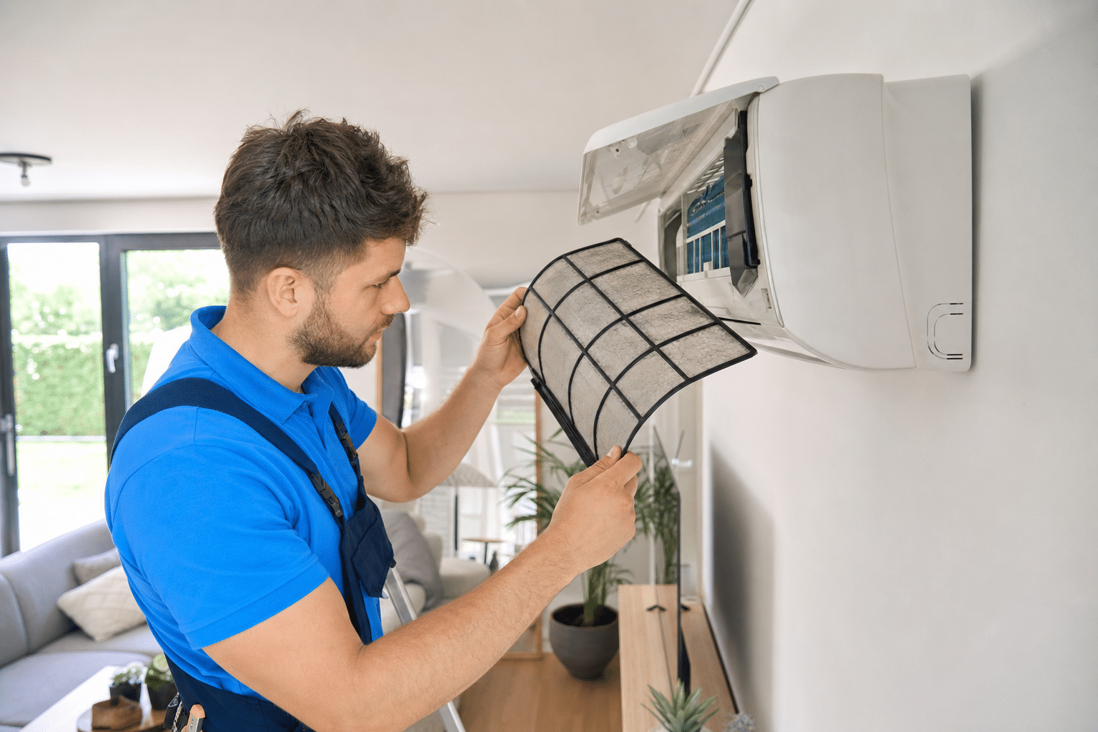 Fachmann reinigt Filter einer Split-Klimaanlage in einem modernen Wohnzimmer