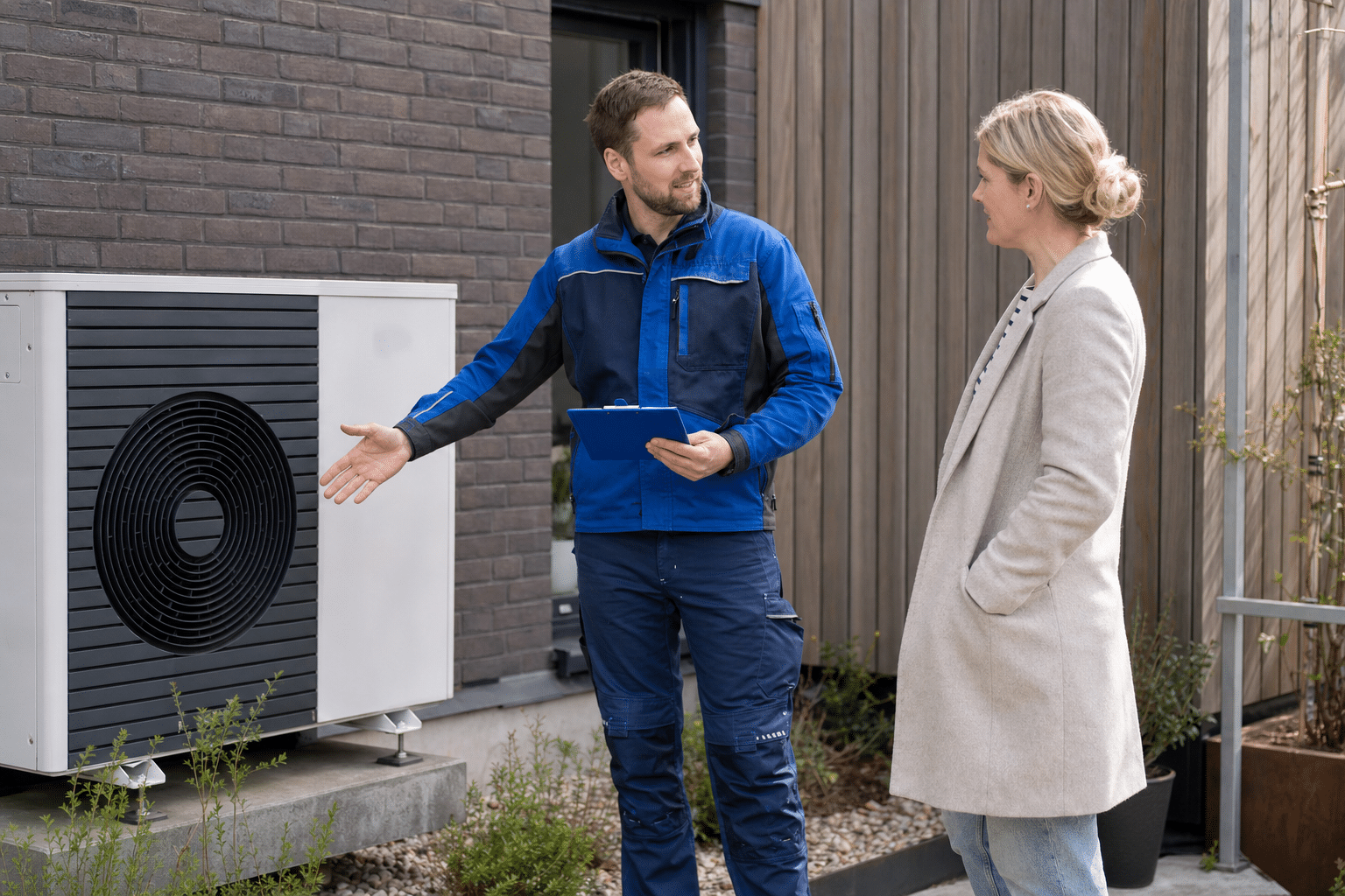Eigentümerin und Heizungsfachmann besprechen neben einer Außeneinheit die geplante Wärmepumpeninstallation
