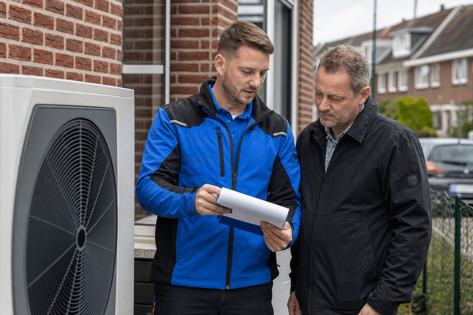 Eine Energieberaterin bespricht mit einem Hauseigentümer Unterlagen für den Einbau einer Wärmepumpe