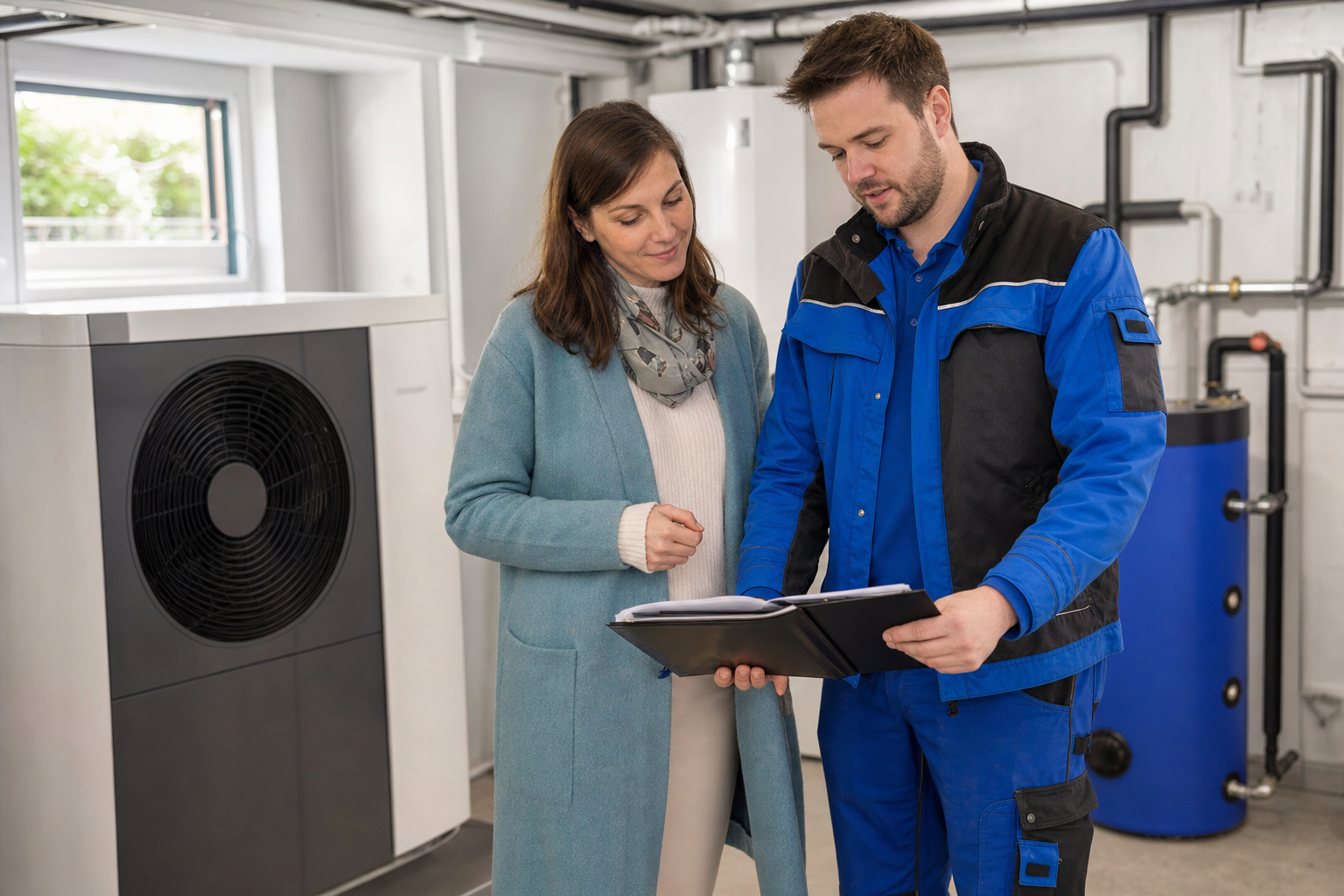 Hausbesitzerin und Heizungsfachmann prüfen gemeinsam die Unterlagen einer neu installierten Wärmepumpe im Heizungskeller