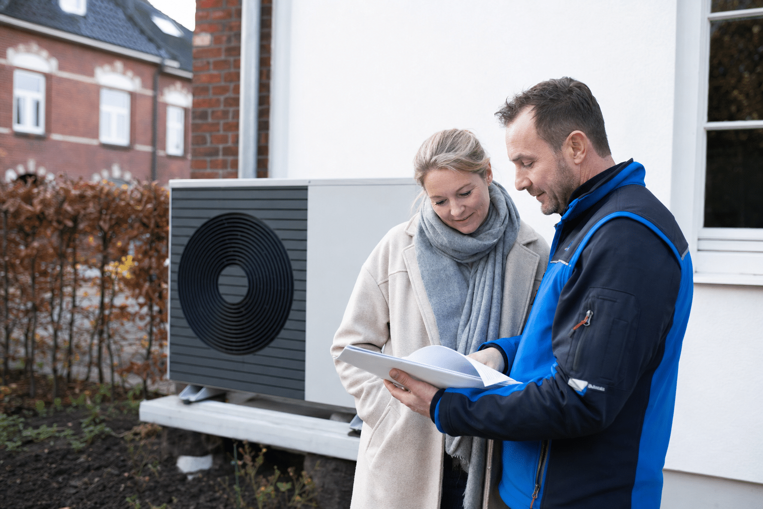 Hausbesitzerin und Heizungsfachmann prüfen gemeinsam Unterlagen neben einer neu montierten Wärmepumpe