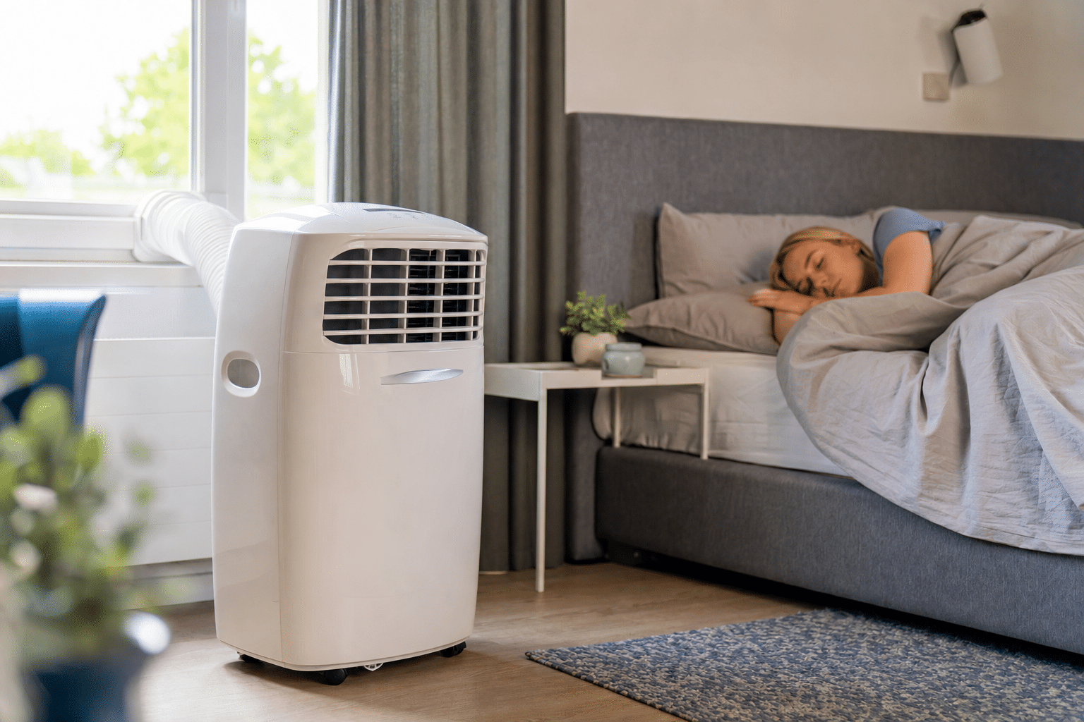 Moderne mobile Klimaanlage in einem Schlafzimmer neben dem Bett im Einsatz