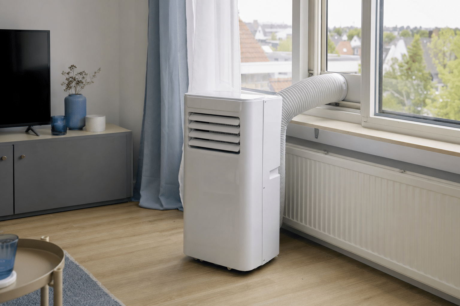 Mobile Klimaanlage in einem Wohnzimmer neben einem Fenster im Sommerbetrieb