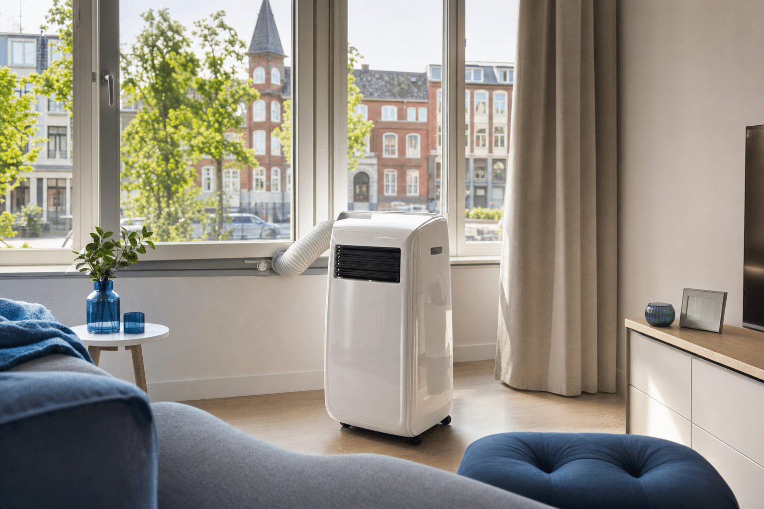 Mobile Klimaanlage in einem sonnendurchfluteten Wohnzimmer neben großer Fensterfront