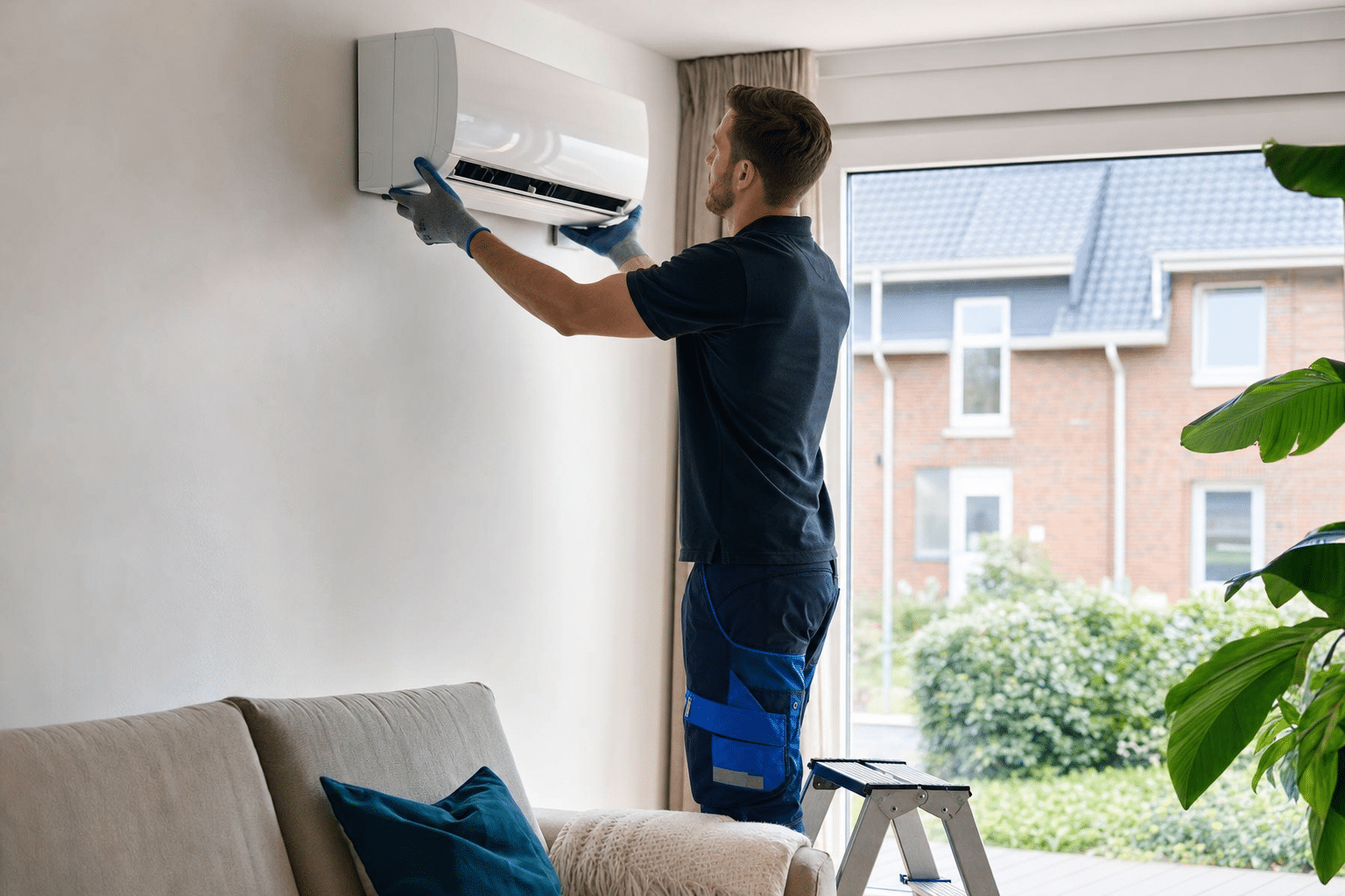 Monteur befestigt das Innengerät einer Split-Klimaanlage an einer freien Wohnzimmerwand