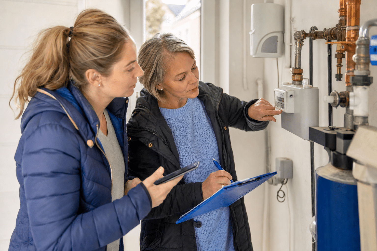 Verkäuferin und Käufer prüfen gemeinsam die Zählerstände im Hauswirtschaftsraum