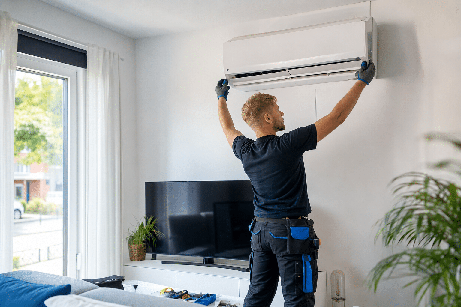 Techniker installiert ein modernes Split-Innengerät in einem hellen Wohnzimmer