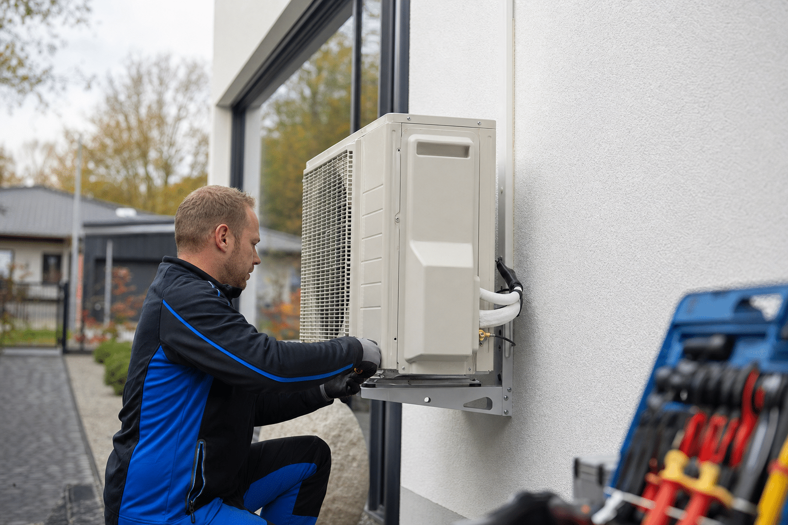 Techniker installiert eine luft luft wärmepumpe an der Hauswand eines modernen Einfamilienhauses