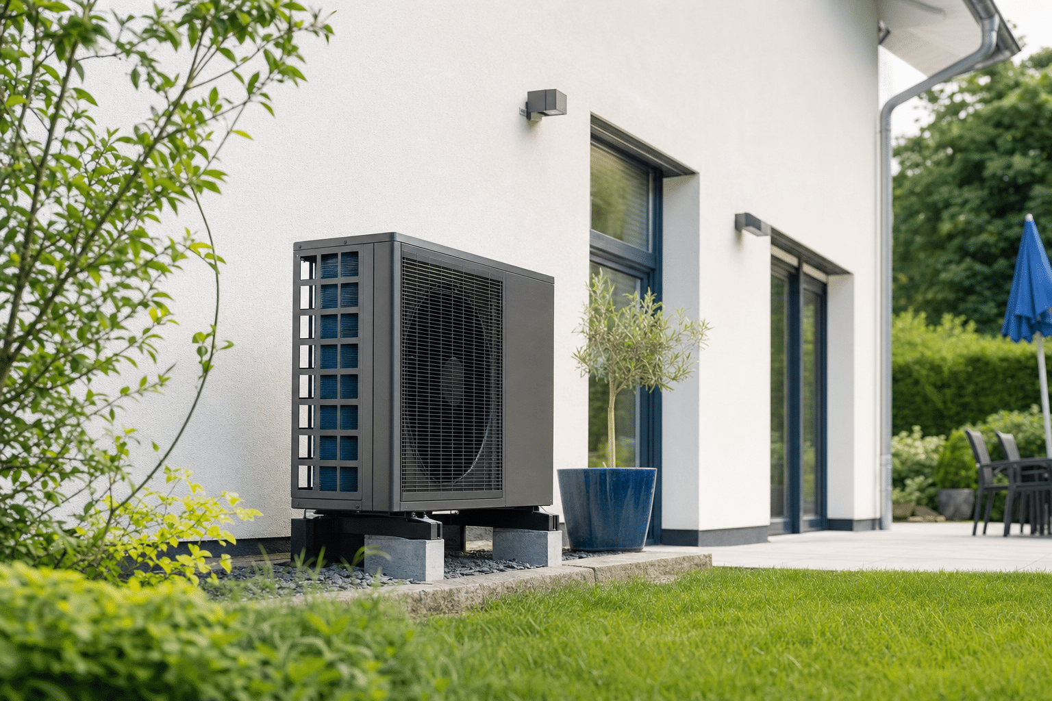 Außengerät einer Wärmepumpe neben einem modernen Einfamilienhaus im Sommerbetrieb