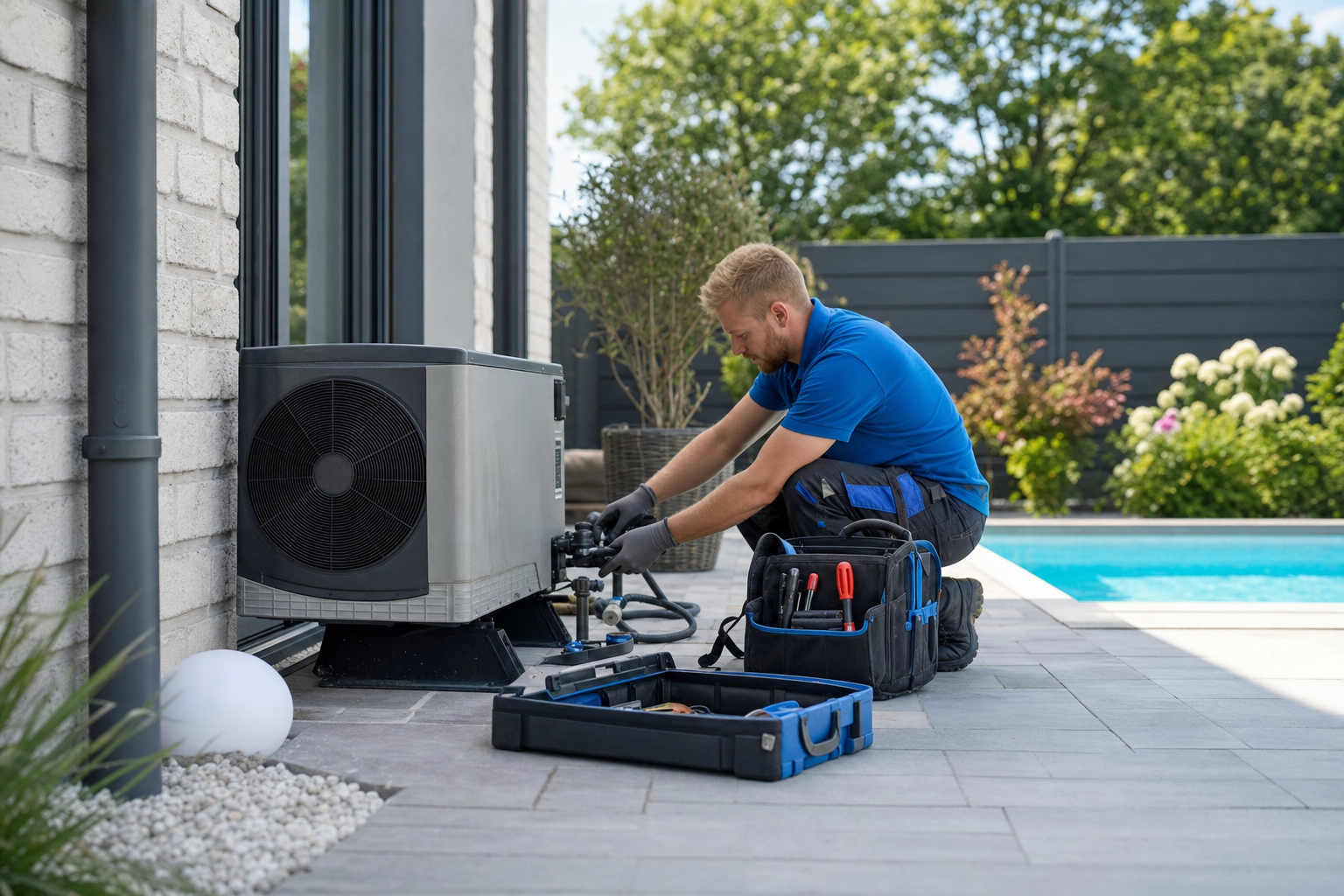 Techniker installiert eine Pool-Wärmepumpe neben einem Einfamilienhaus mit Gartenpool