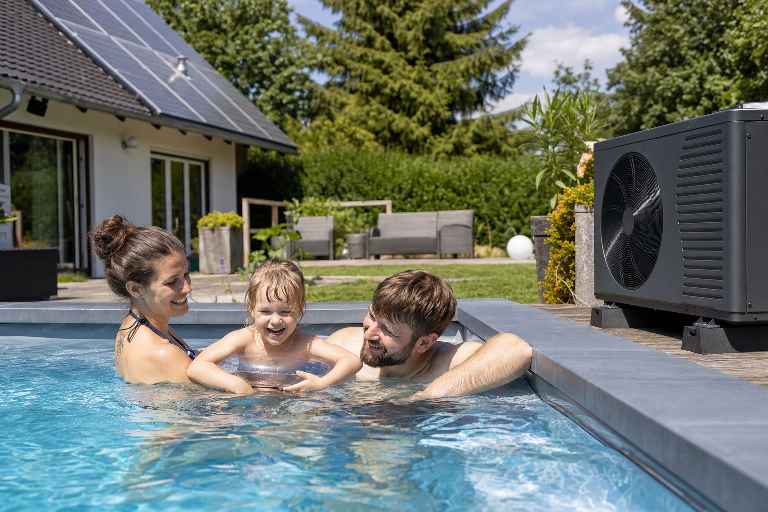 Familie entspannt im beheizten Gartenpool an einem sonnigen Nachmittag