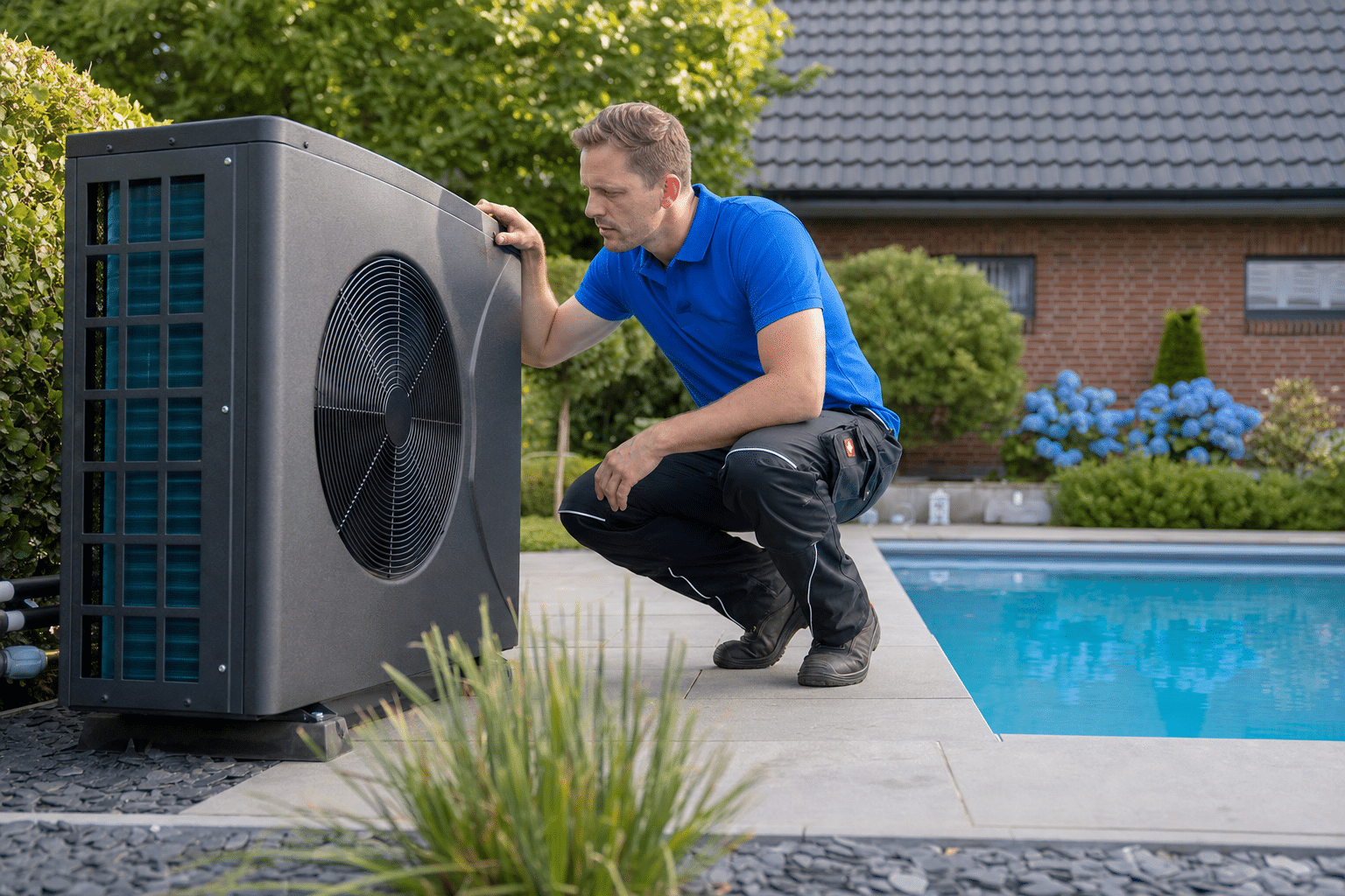 Poolbesitzer überprüft Außengerät einer Wärmepumpe neben einem Gartenpool