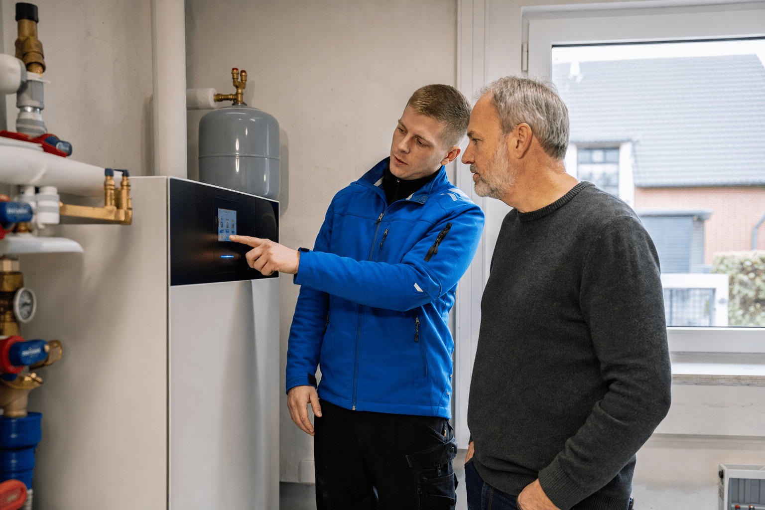 Installateur erklärt einem Hausbesitzer die Regelung einer Wärmepumpe im Technikraum