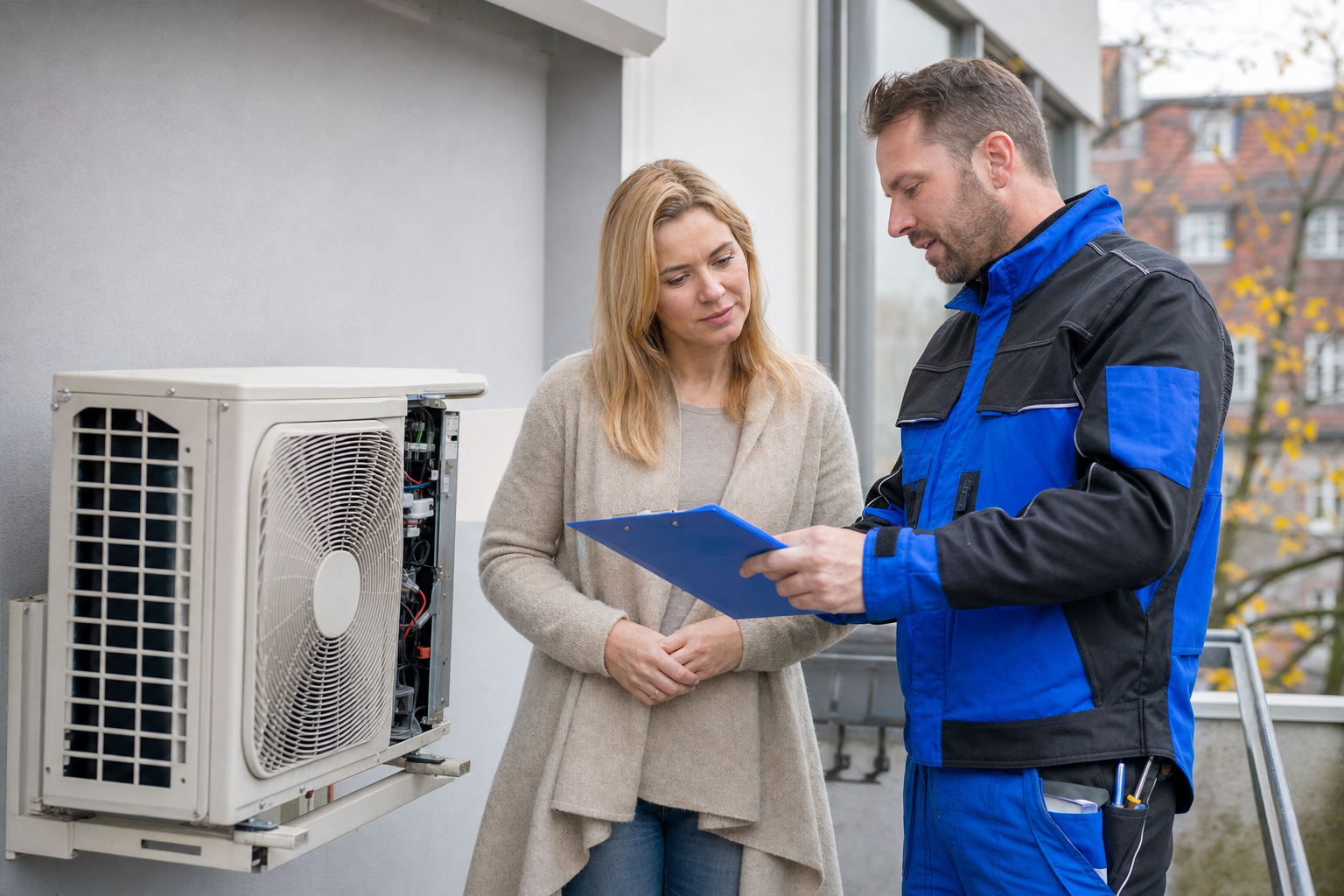 Techniker bespricht neben einer geöffneten Klimaanlage den Kostenvoranschlag mit einer Wohnungseigentümerin