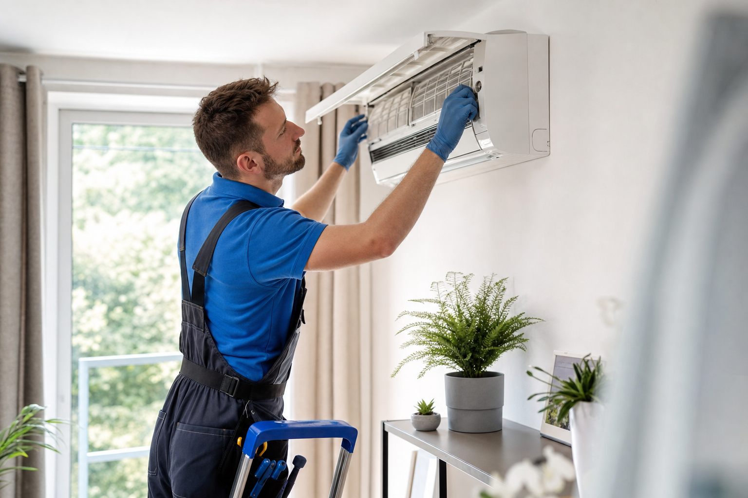Servicetechniker bei der Wartung des Innengeräts einer Klimaanlage in einem Wohnraum