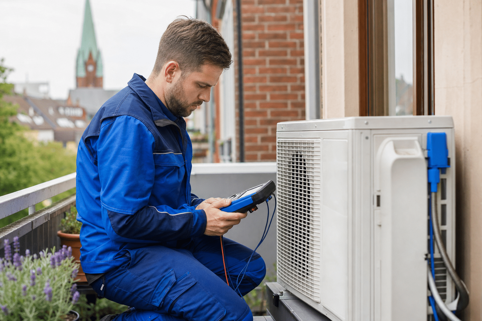 Servicetechniker prüft mit einem Messgerät die Außeneinheit einer Klimaanlage auf einem Balkon