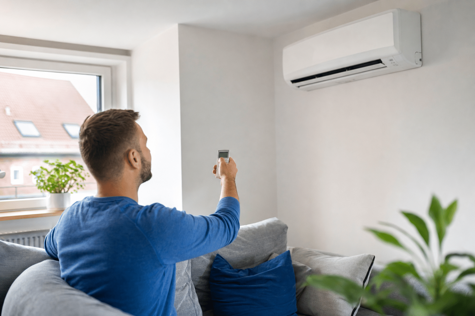 Bewohnerin stellt die Temperatur einer wandmontierten Klimaanlage per Fernbedienung ein