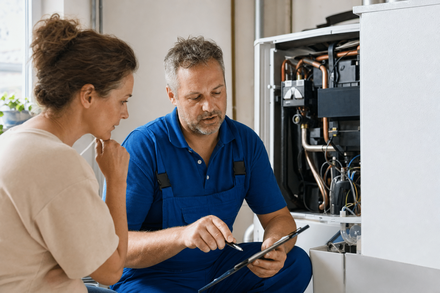 Servicetechniker bespricht einen Kostenvoranschlag mit einem Hausbesitzer neben dem geöffneten Wärmepumpen-Innengerät
