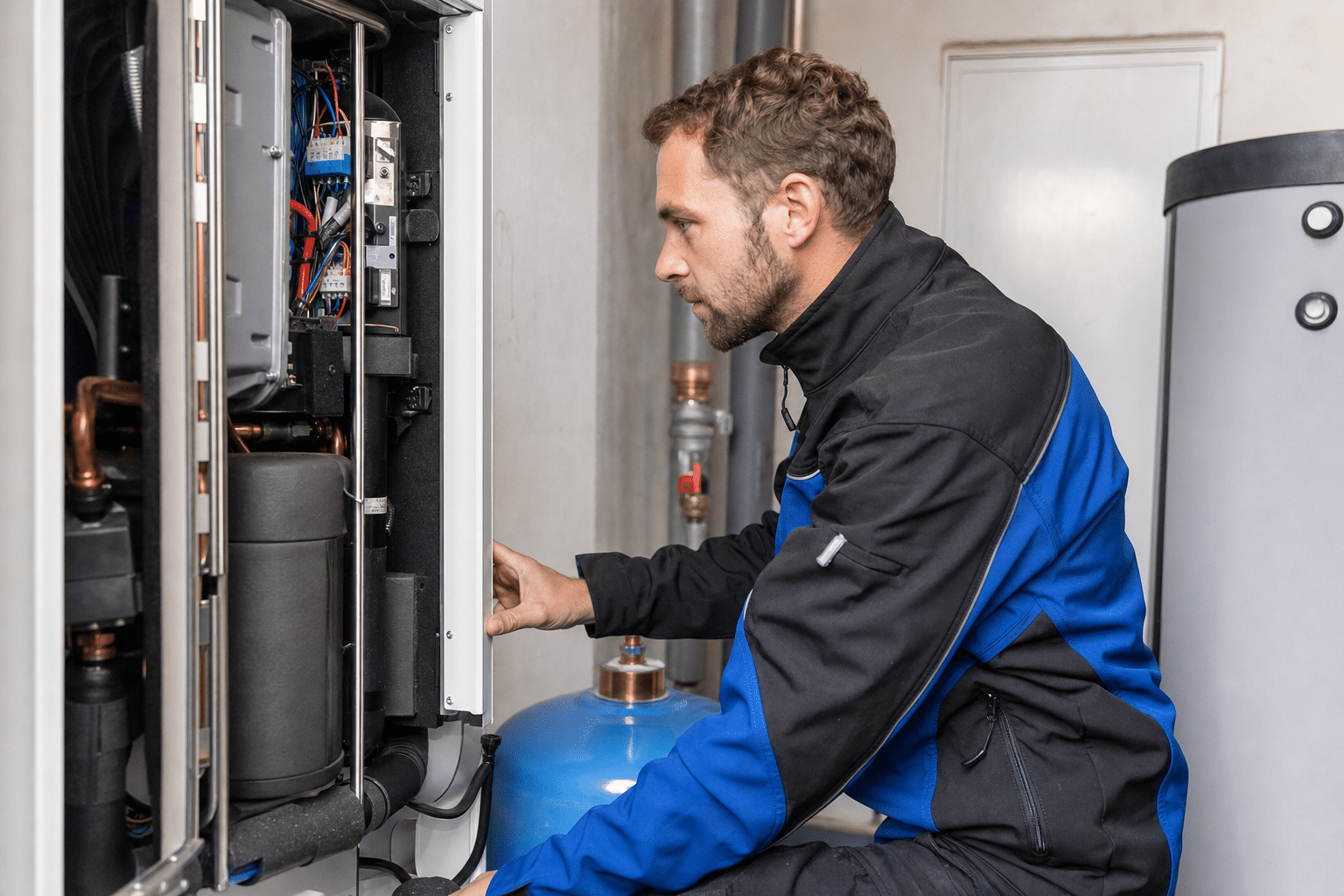 Servicetechniker kontrolliert eine Wärmepumpe im Heizungsraum eines Wohnhauses