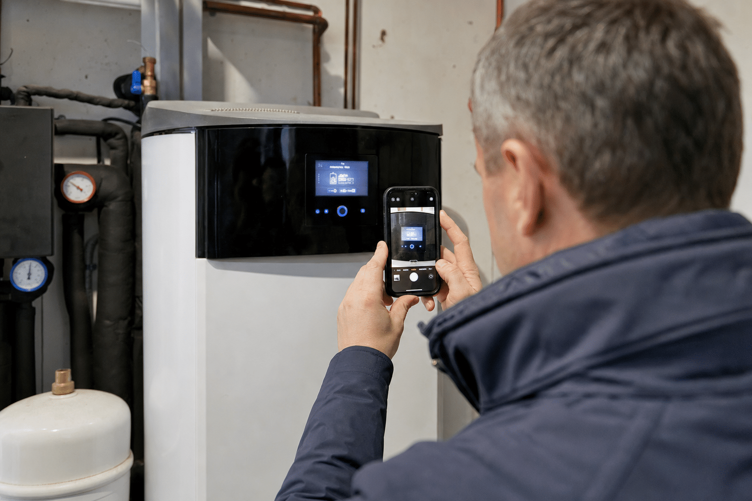 Hausbesitzerin fotografiert den Fehlercode am Display einer Wärmepumpe im Technikraum