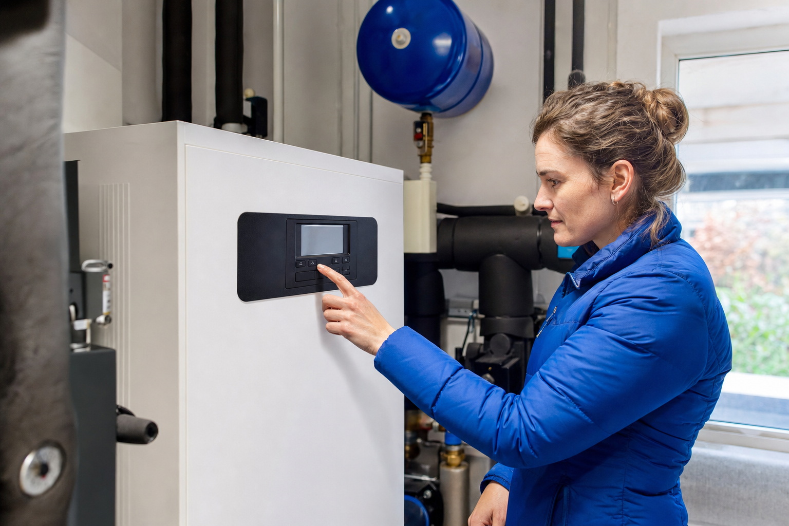 Hausbesitzerin kontrolliert im Heizraum das Display ihrer Wärmepumpe