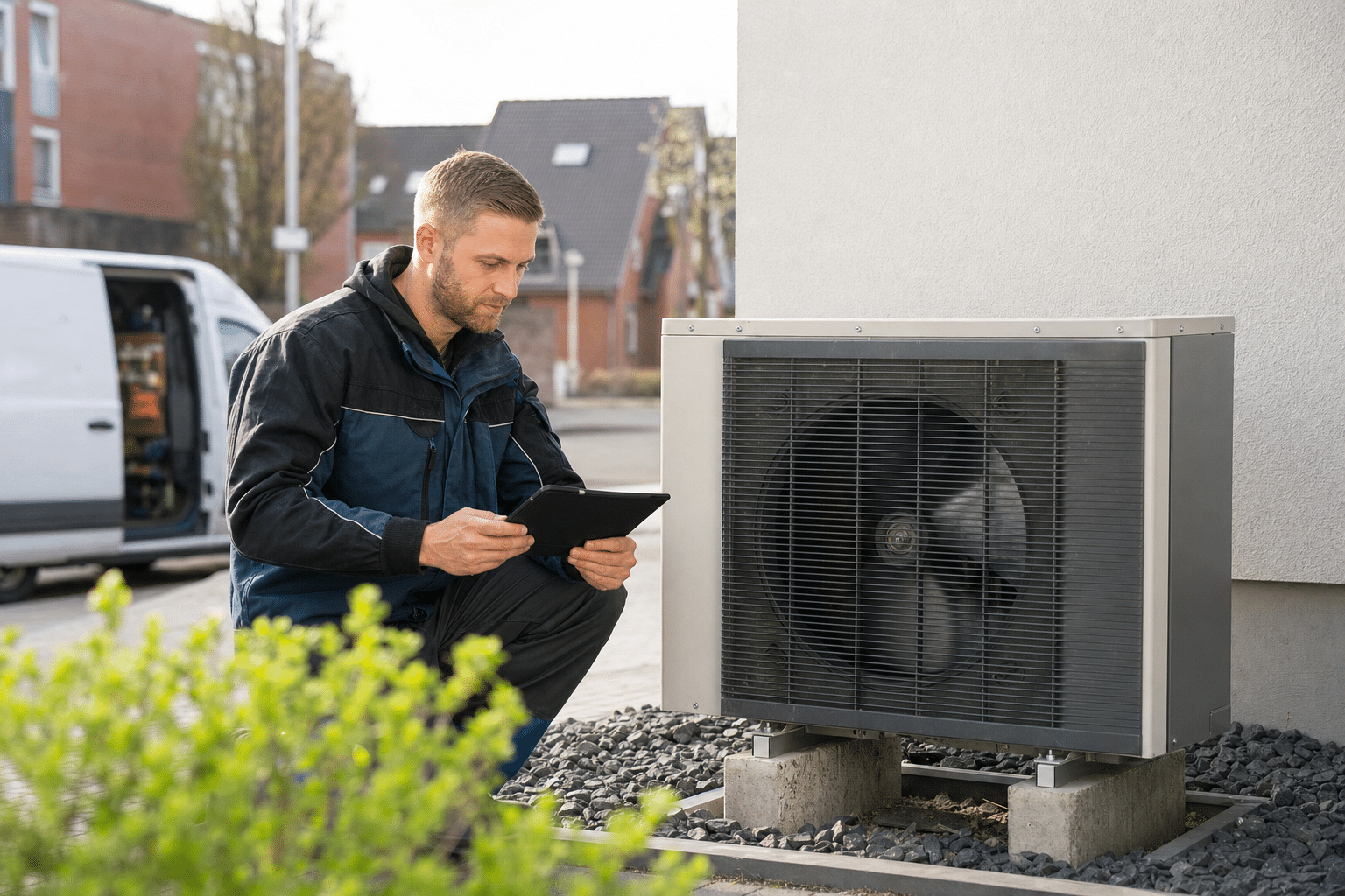 Servicetechniker prüft eine Wärmepumpe vor einem Wohnhaus und dokumentiert Messwerte auf einem Tablet