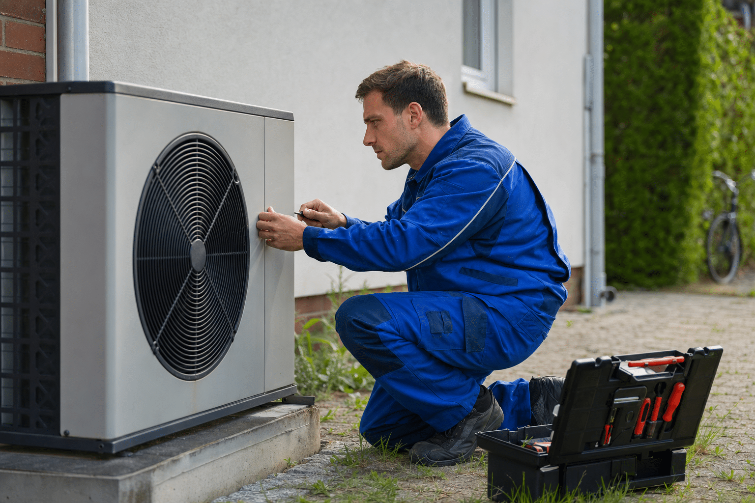 Servicetechniker prüft das Außengerät einer Wärmepumpe neben einem Einfamilienhaus