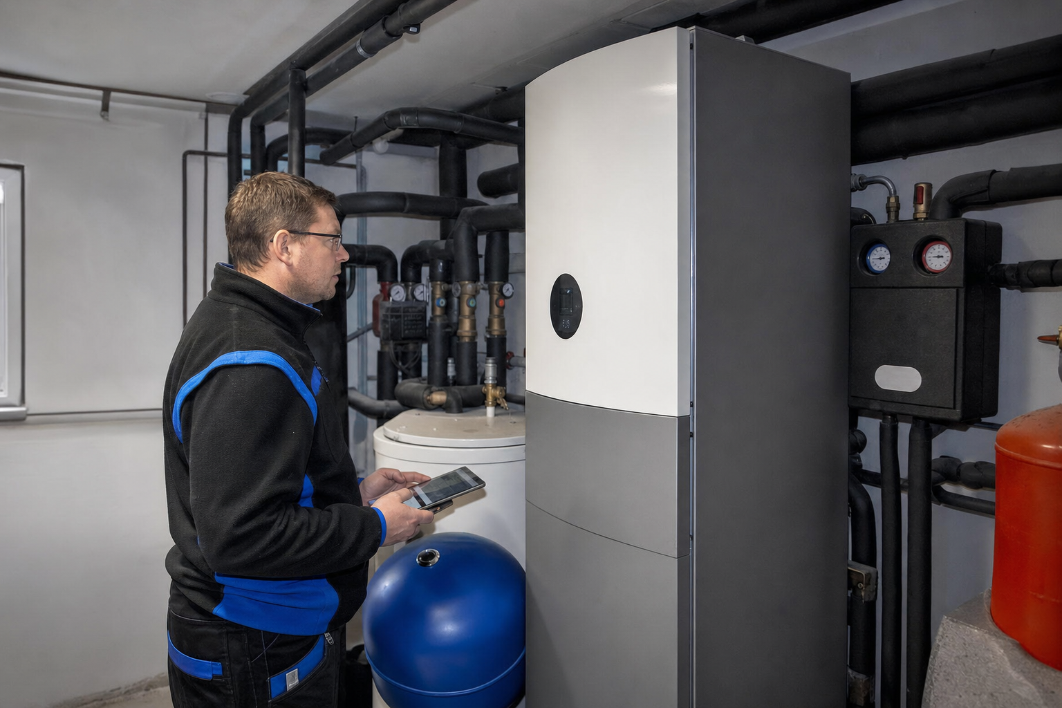 Techniker überprüft moderne Wärmepumpenanlage im Heizungsraum eines Hauses