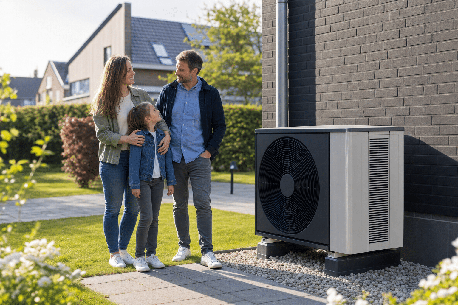 Familie steht vor moderner Wärmepumpe im Garten eines Einfamilienhauses