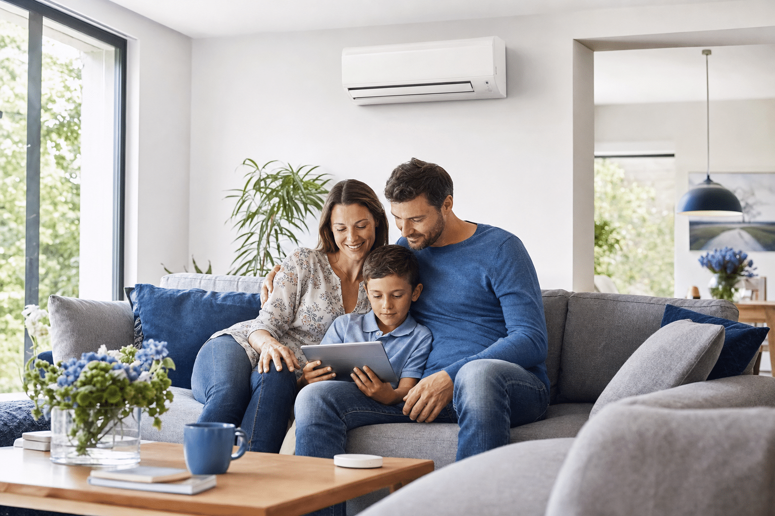 Familie nutzt eine Multi-Split-Klimaanlage in einem hellen Wohnzimmer in Oldenburg