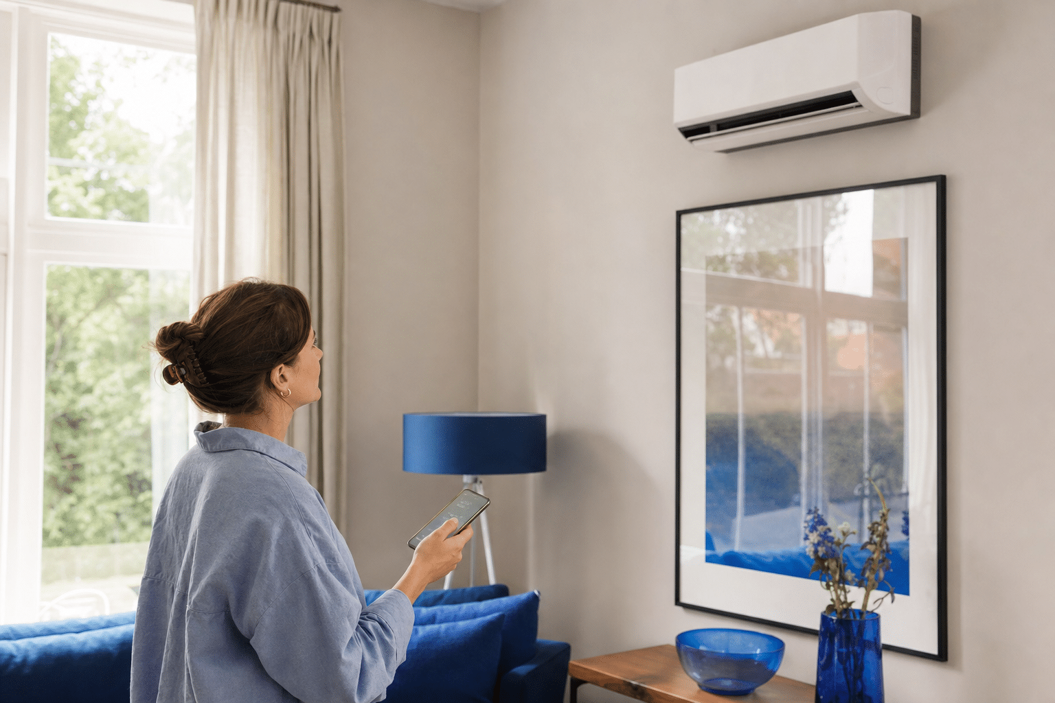 Eine Bewohnerin steuert die Klimaanlage im Oldenburger Wohnzimmer über eine Smartphone-App