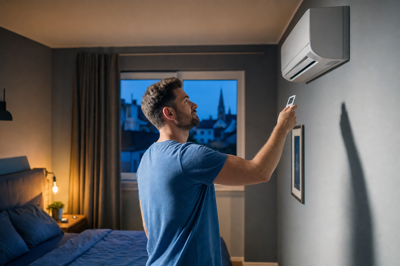 Person stellt am Abend eine leise Schlafzimmer-Klimaanlage neben dem Bett ein