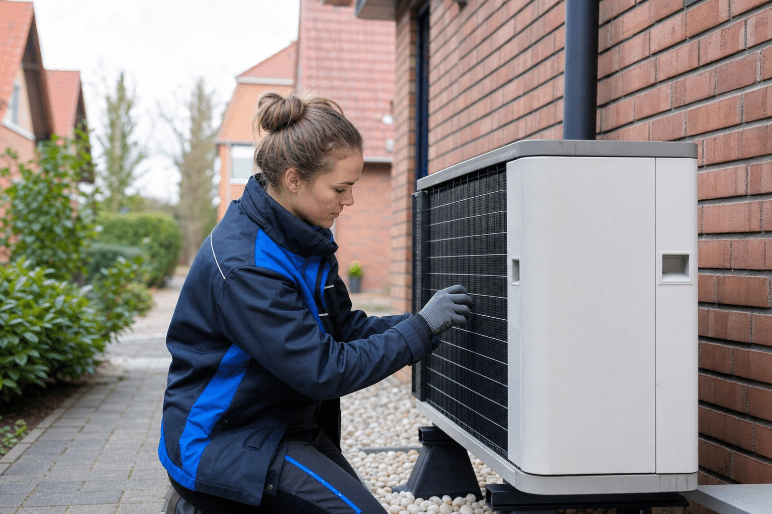 Technikerin prüft das Außengerät einer Wärmepumpe an einem Wohnhaus in Oldenburg