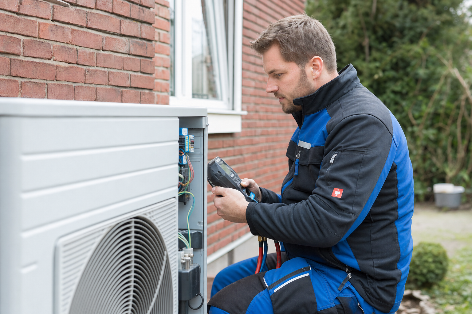 Servicetechniker prüft die Betriebswerte einer Wärmepumpe an einem Wohnhaus